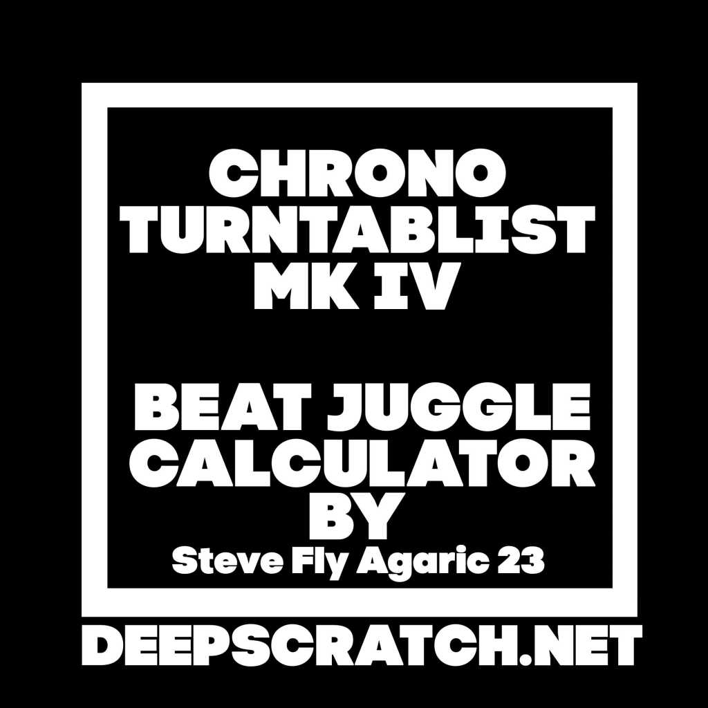 Graphic featuring text: 'Chrono Turntablist MK IV Beat Juggle Calculator by Steve Fly Agaric 23' with a black background and white border.