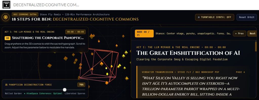 A digital interface titled 'Decentralized Cognitive Commons' featuring sections on AI and digital feudalism, with interactive 3D elements and a percentage bar indicating progress.