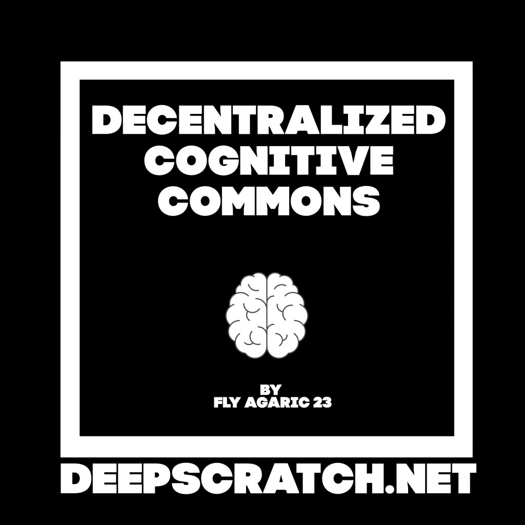 Text graphic featuring the phrase 'Decentralized Cognitive Commons' with a brain illustration, attributed to Fly Agaric 23, on a black background.