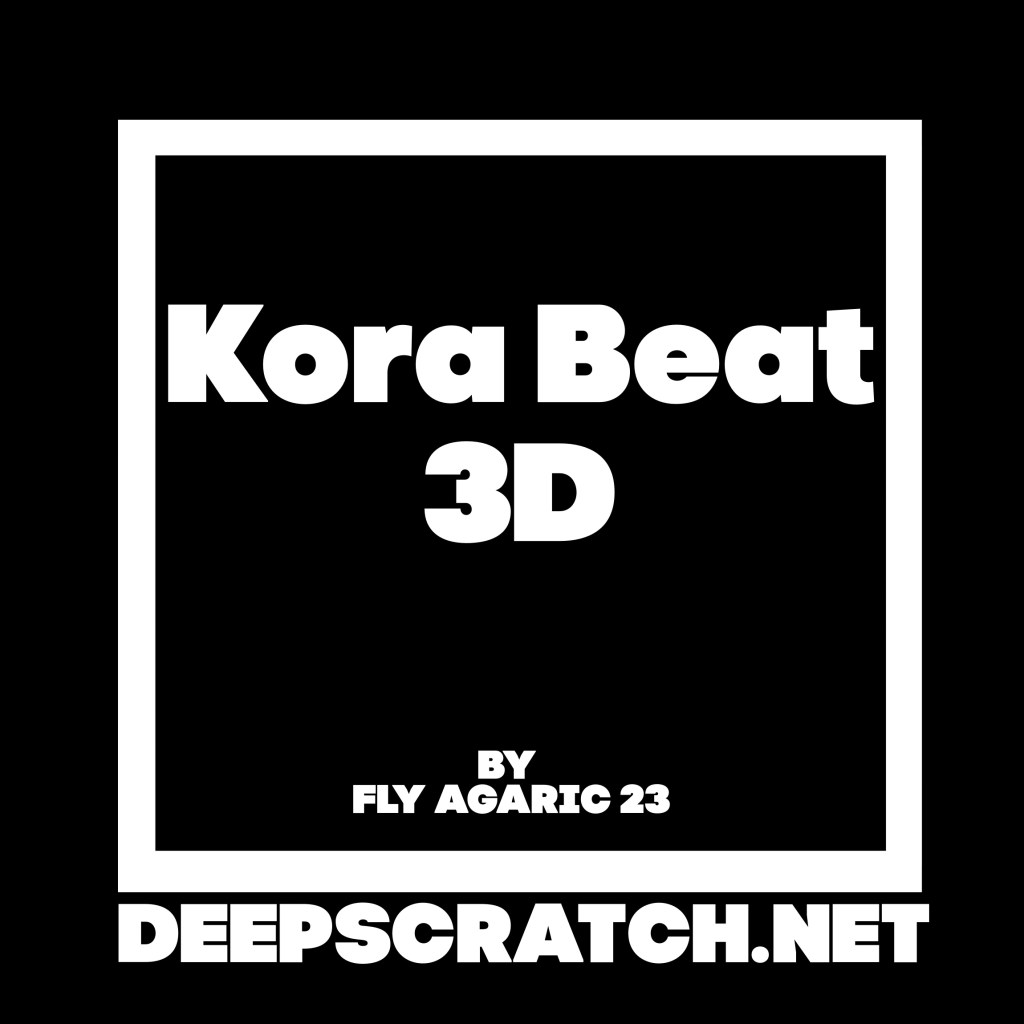Graphic design featuring the text 'Kora Beat 3D' by Fly Agaric 23, with a black background and white border.