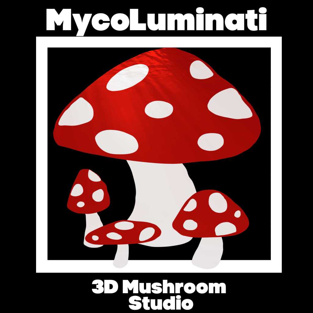 A vibrant illustration of a large red mushroom with white spots, accompanied by smaller mushrooms, set against a black background. The text 'MycoLuminati' and '3D Mushroom Studio' are displayed prominently at the top and bottom.