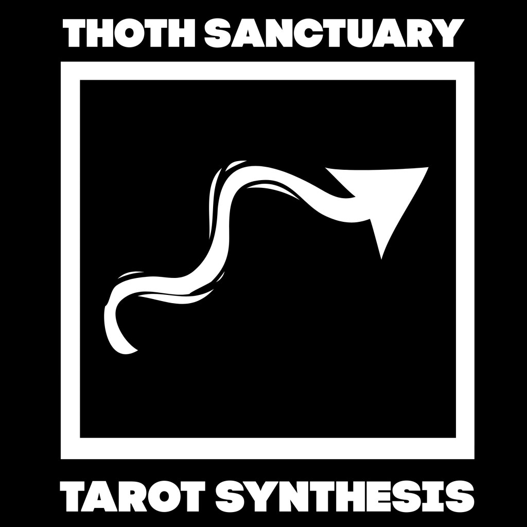 Logo featuring the text 'Thoth Sanctuary' at the top and 'Tarot Synthesis' at the bottom, with an abstract arrow design in the center, all set against a black background.